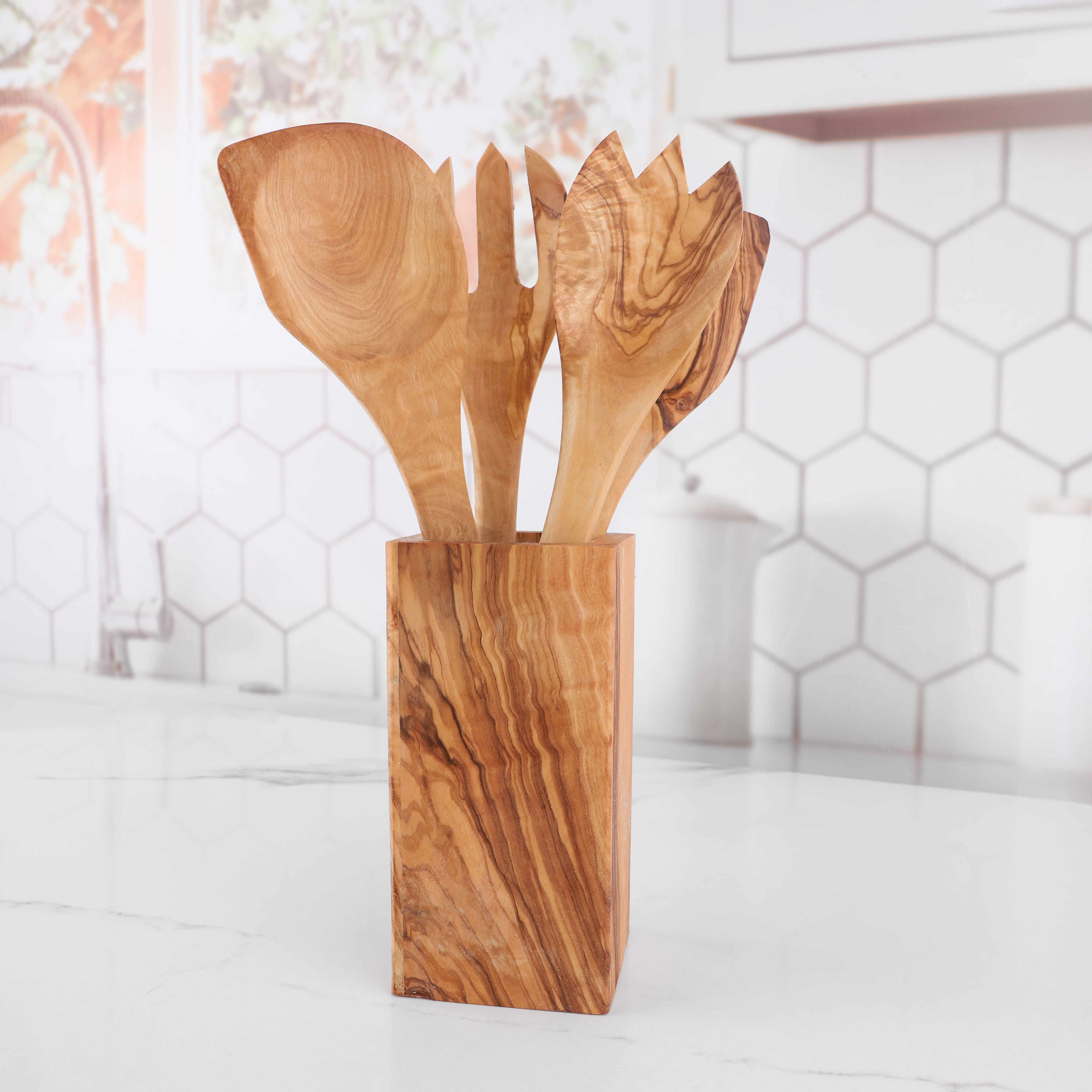 Cooking Utensil Holder Olive Wood - ArtisRaw